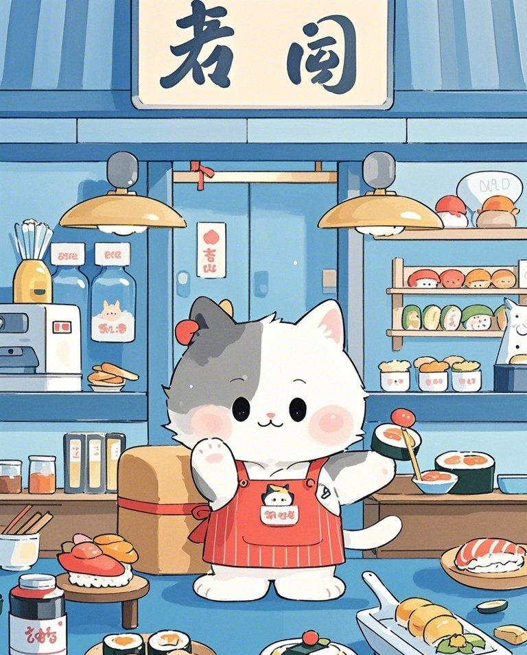 软萌猫咪可爱寿司店素材