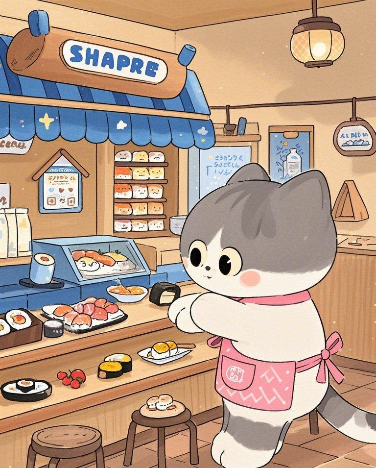 软萌猫咪可爱寿司店素材