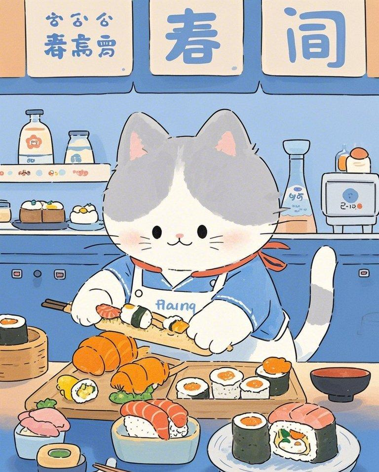 软萌猫咪可爱寿司店素材