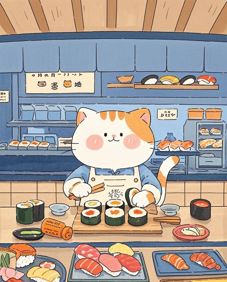 软萌猫咪可爱寿司店素材