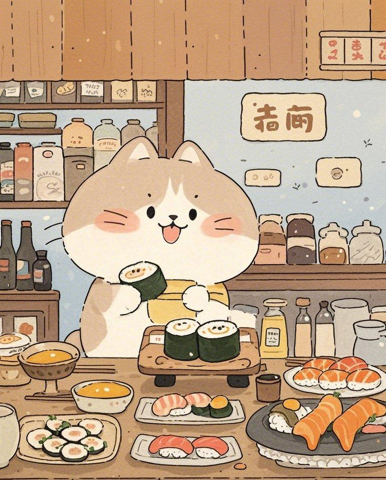 软萌猫咪可爱寿司店素材