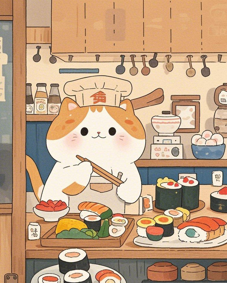 可爱软萌猫咪寿司店打工素材