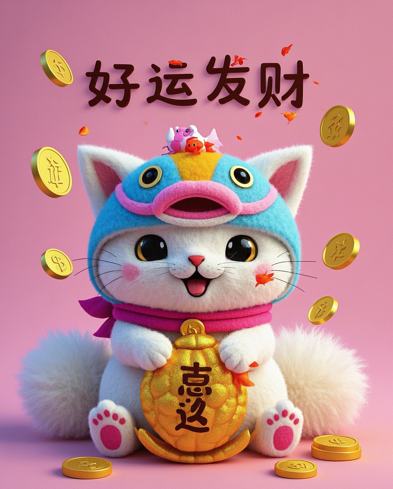 一只可爱的小招财猫头上戴着锦鲤鱼头套素材