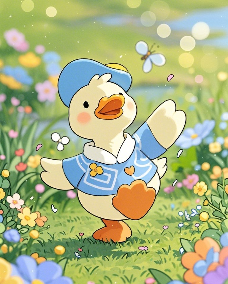 简笔画拟人小鸭在有鲜花的草地上素材