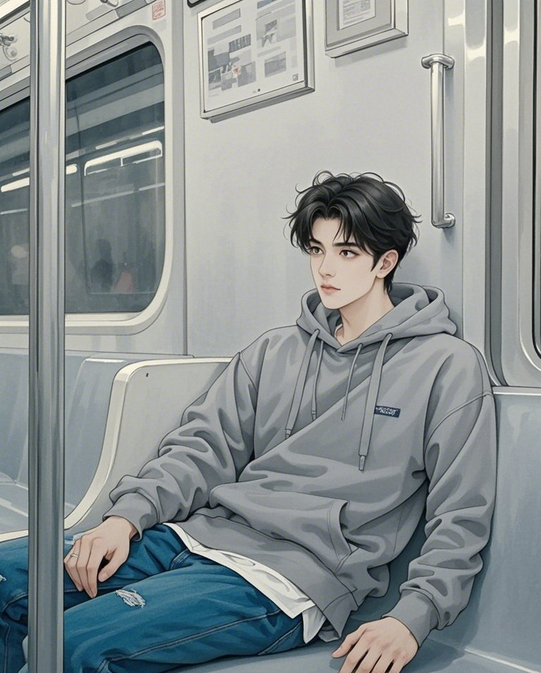 身穿卫衣牛仔裤在地铁上的男孩素材