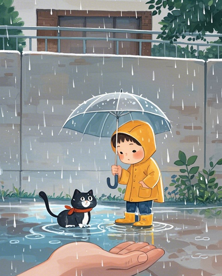 雨中小男孩给小猫咪打伞素材