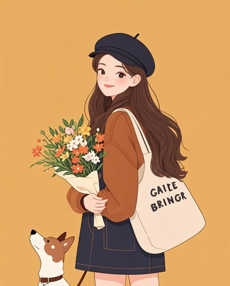 卡通插画纯色背景一个美丽时尚的长发女素材
