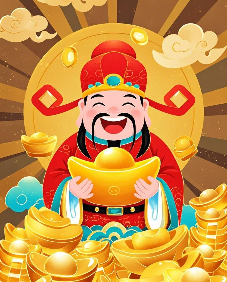 财神站在金元宝堆里抱着个大金元宝笑容满素材