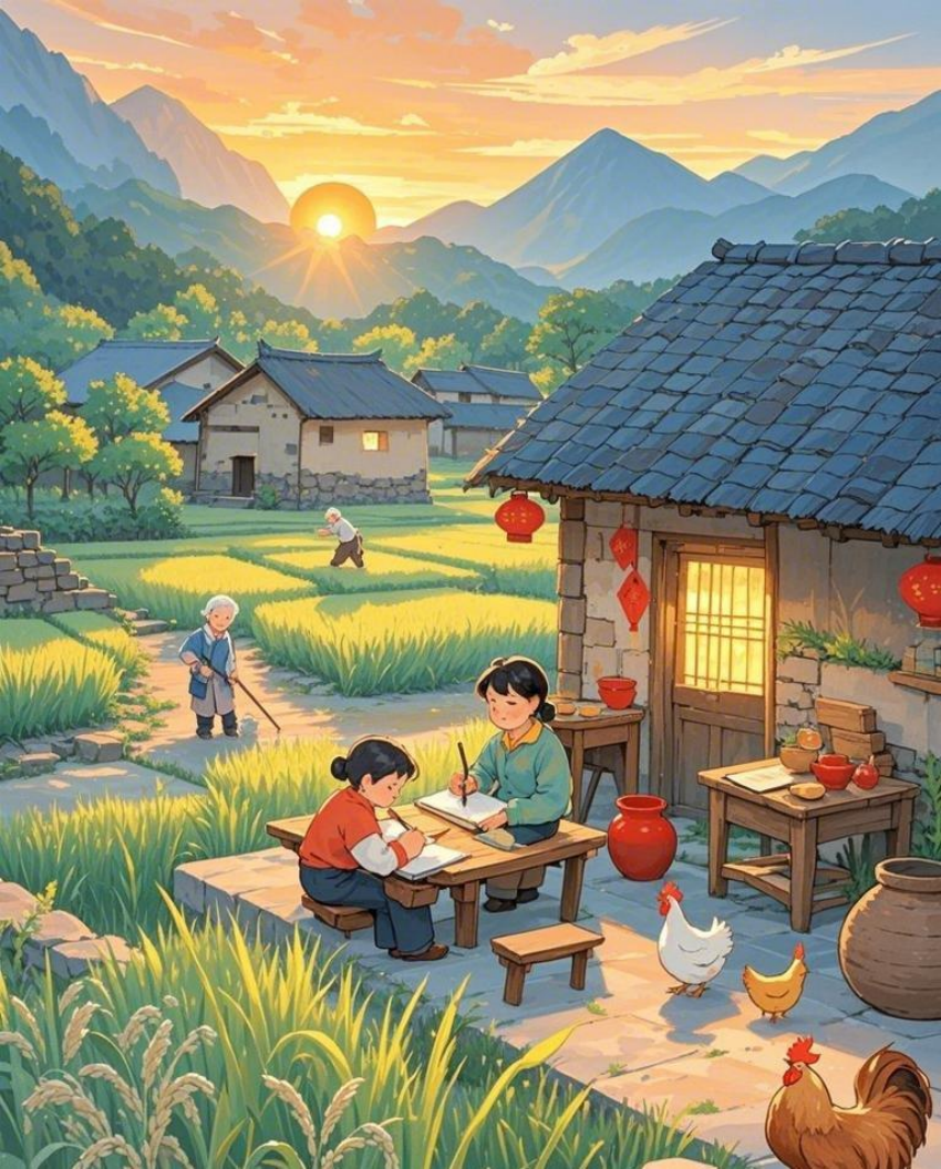 绿油油的稻田院子里一桌美味80年代治素材
