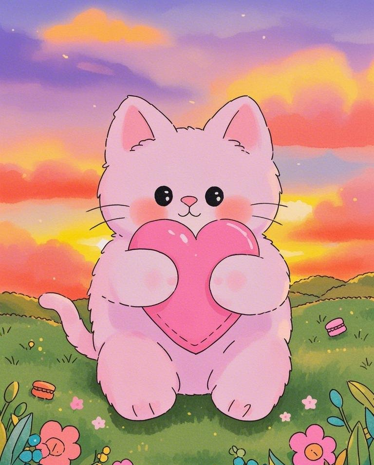 水彩风格扁平画像粗线条可爱的粉色小猫素材