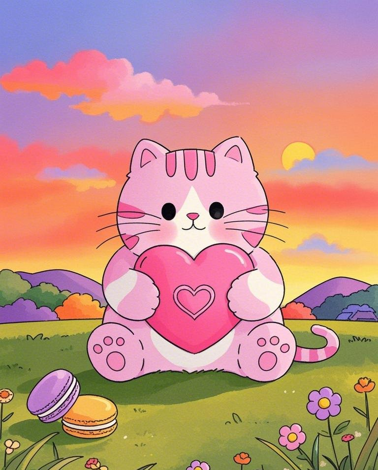 水彩风格扁平画像粗线条可爱的粉色小猫素材