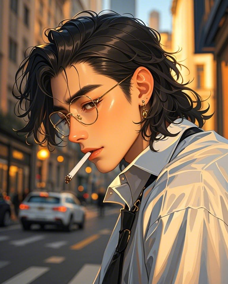帅气男生嘴里叼着烟厚涂插画风男生痞素材