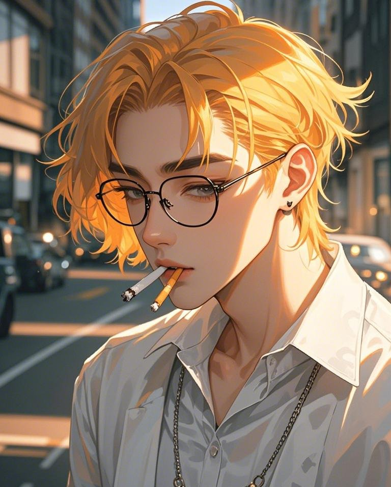 帅气男生嘴里叼着烟厚涂插画风男生痞素材