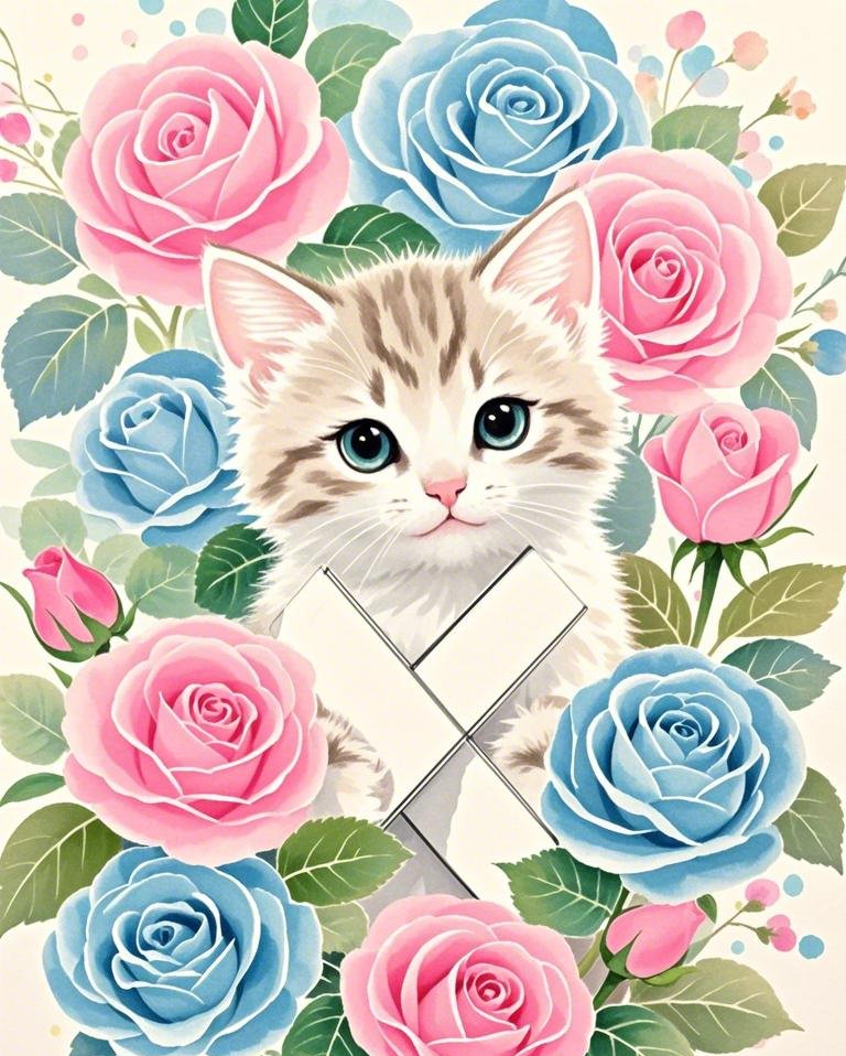 一只可爱的小奶猫周围都是玫瑰花水彩淡素材