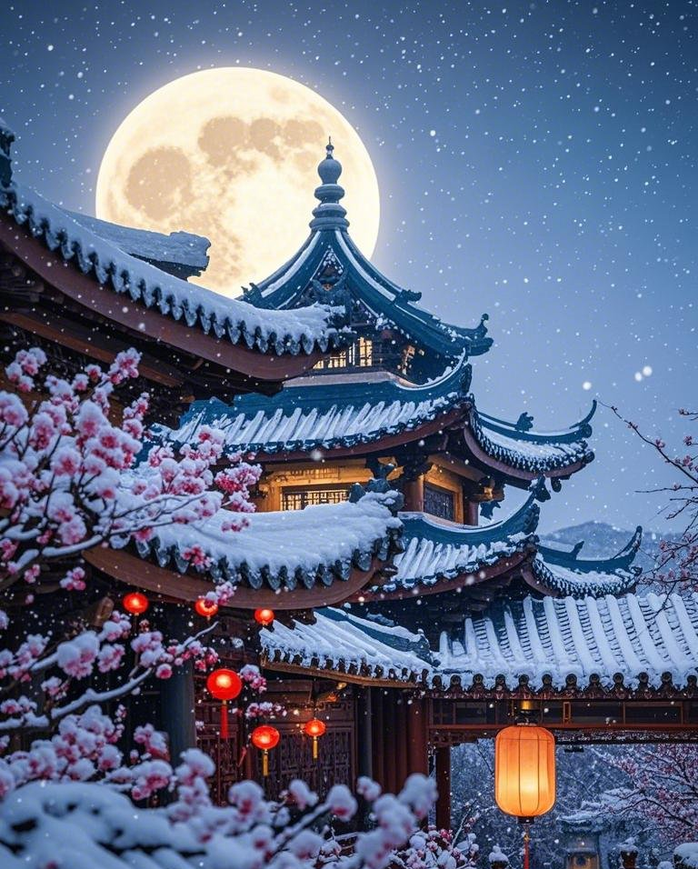 一轮巨大的圆月下着漫天的大雪古风建筑素材