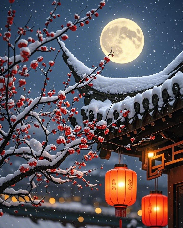 一轮巨大的圆月下着漫天的大雪古风建筑素材