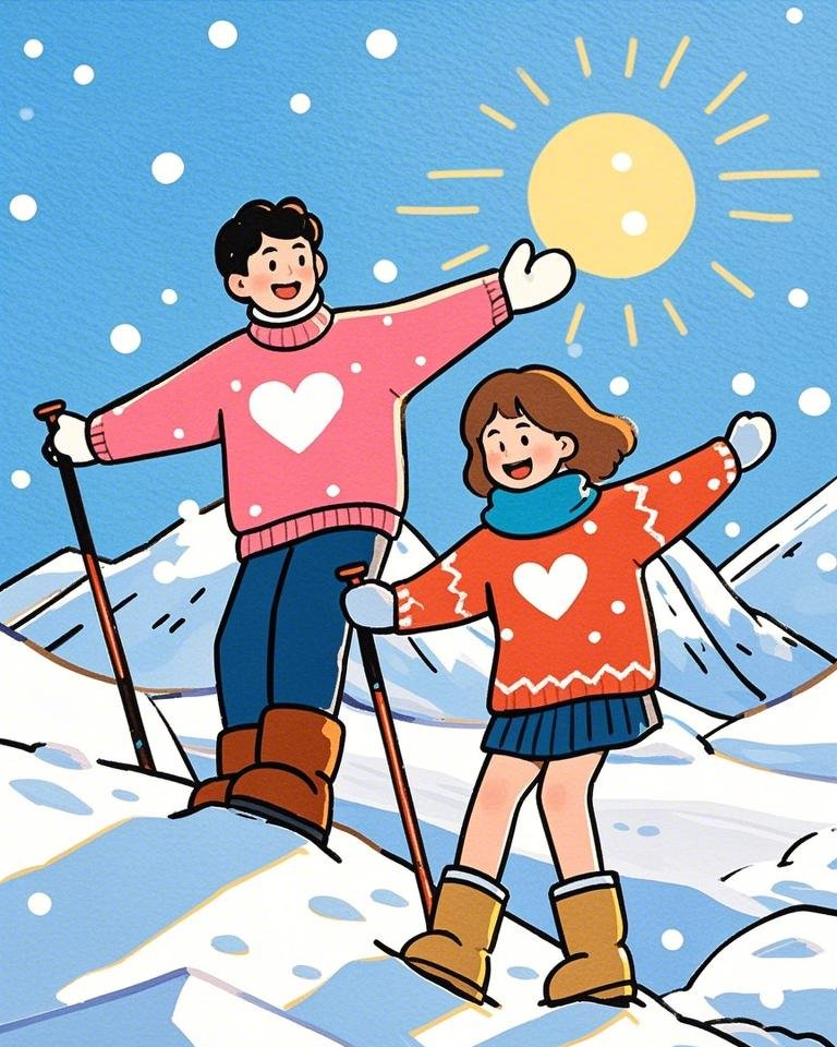 一对情侣可爱情侣装雪地靴在登山雪素材