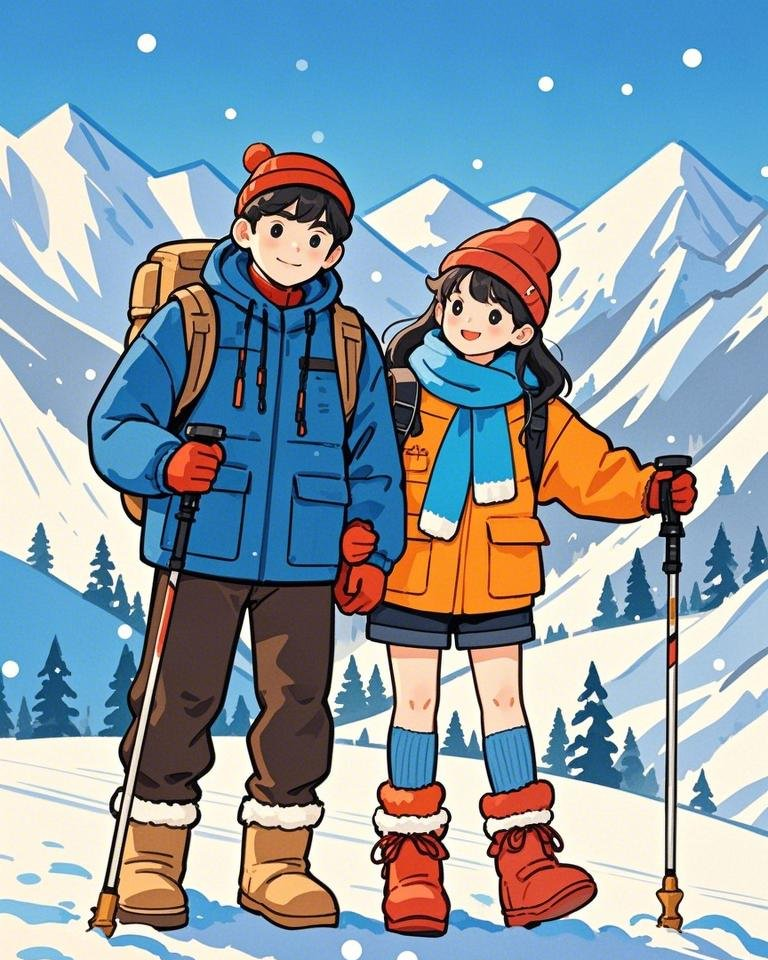 一对情侣可爱情侣装雪地靴在登山雪素材