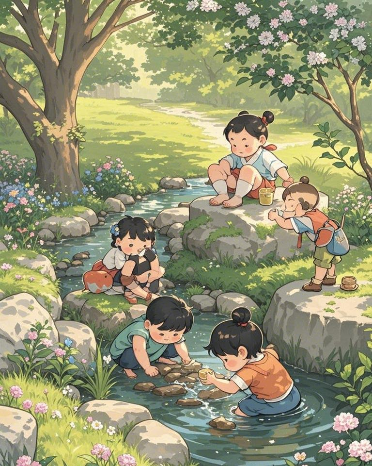 三维古风厚涂国漫勾线绘本花园小溪素材