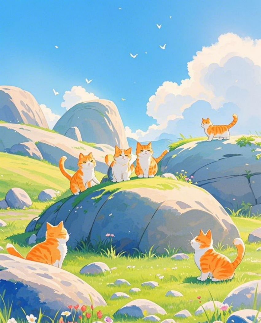 一群小猫在石头山玩耍蓝天白云温馨治素材