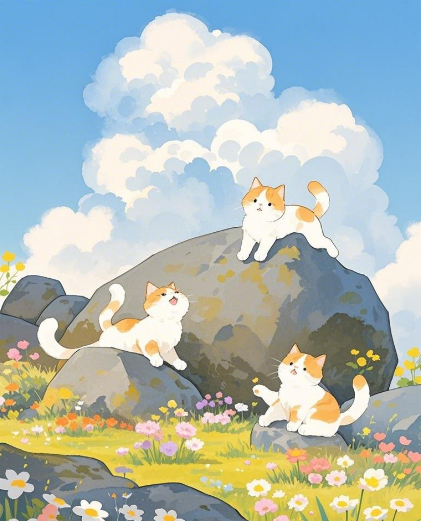 一群小猫在石头山玩耍蓝天白云温馨治素材