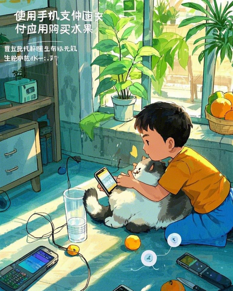 一个男孩抱着一只胖猫在玩手机房间阳光素材