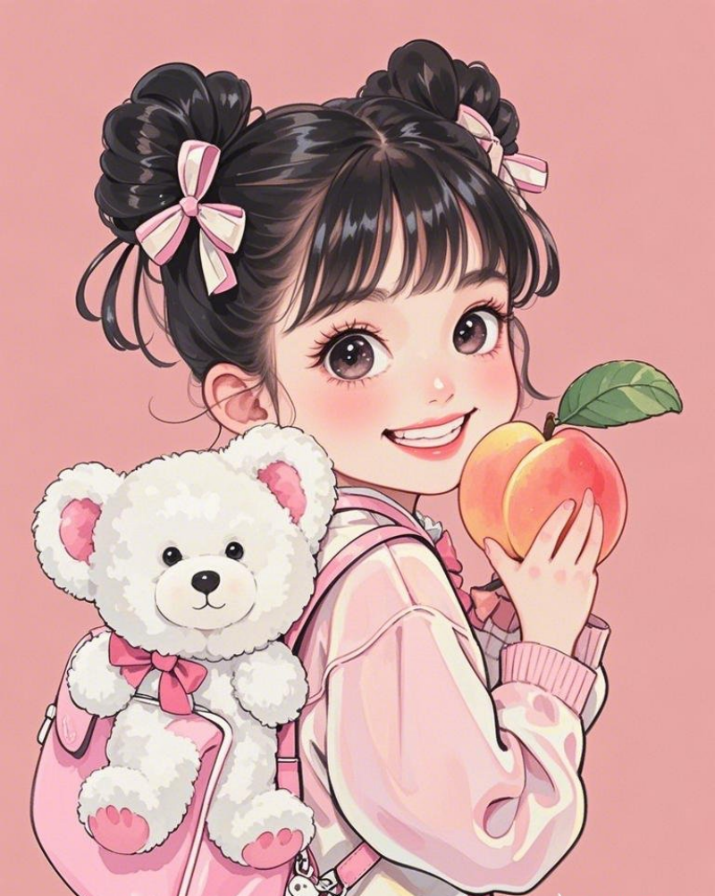 一个漂亮可爱的小女孩手里拿着一个桃子素材