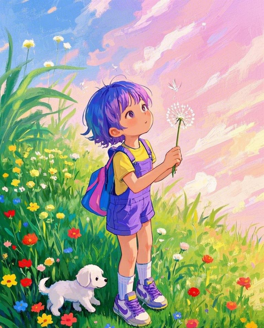 小女孩衣服紫色背带裤蓝色后面跟着一素材