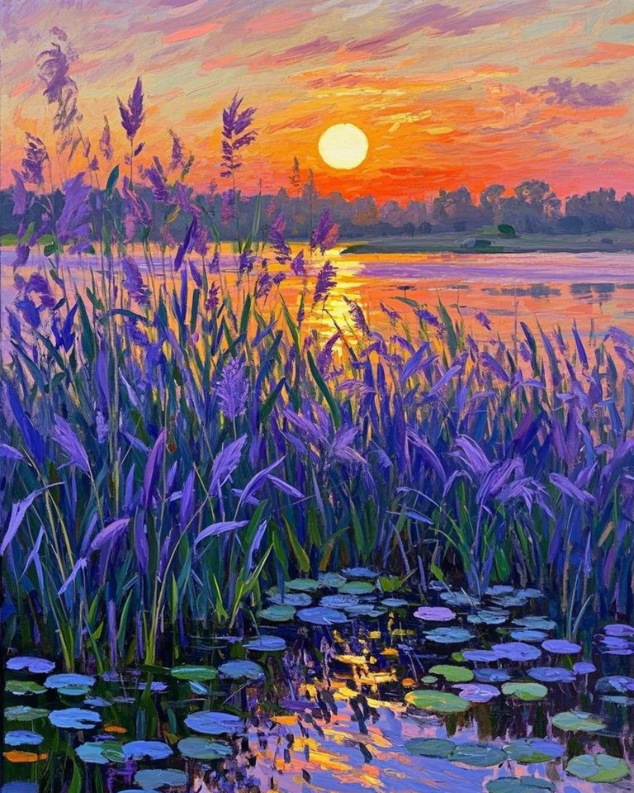 水上的芦苇被夕阳染成了紫色在风中摇荡素材