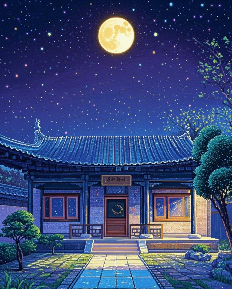 画面中是一个宁静的夜晚一幅像素风的画面素材