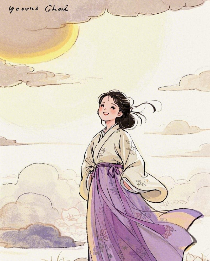 一位中式古装的女孩望着远方表情开心人素材