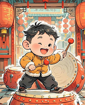 男孩敲大鼓国风Q版简笔画卡通粗素材下载-众图网
