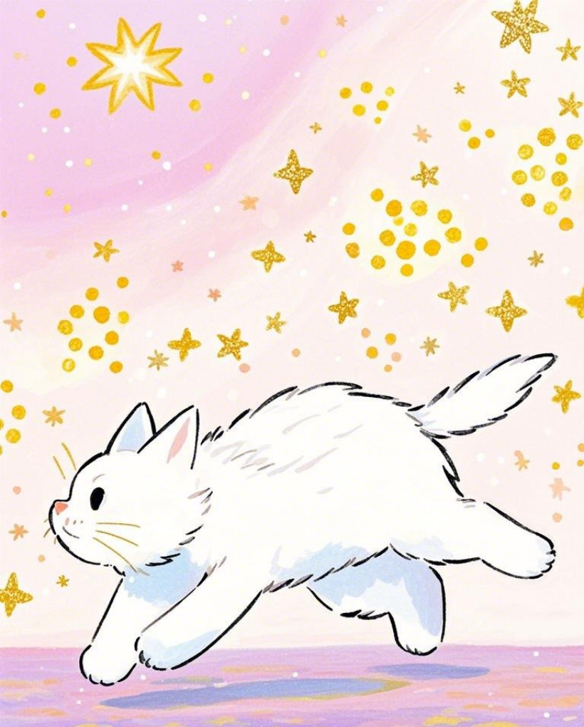 儿童插画一只白色的猫在地上奔跑背景是素材
