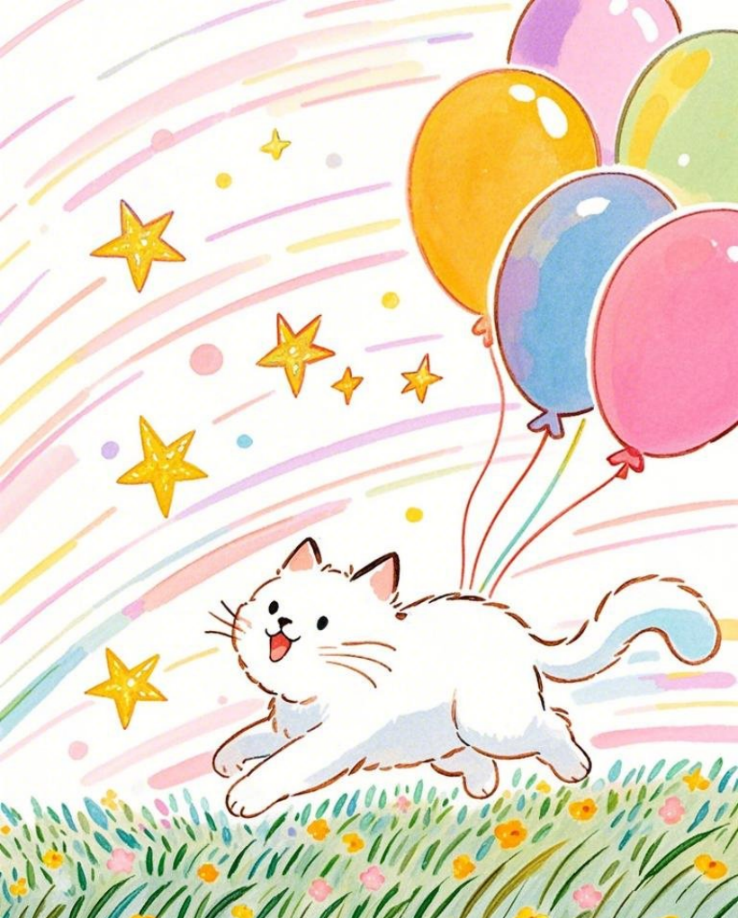 儿童插画一只白色的猫在地上奔跑背景是素材