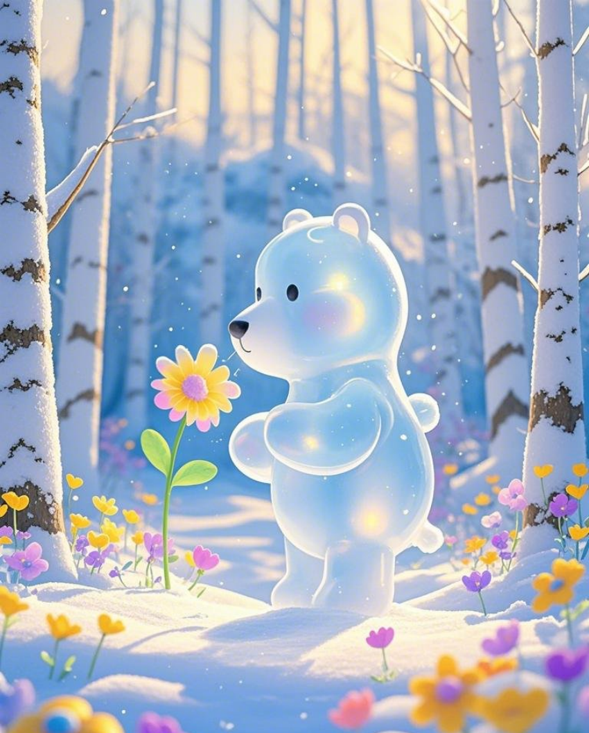 一只半透明的白熊拿着一朵花在闻雪地背素材