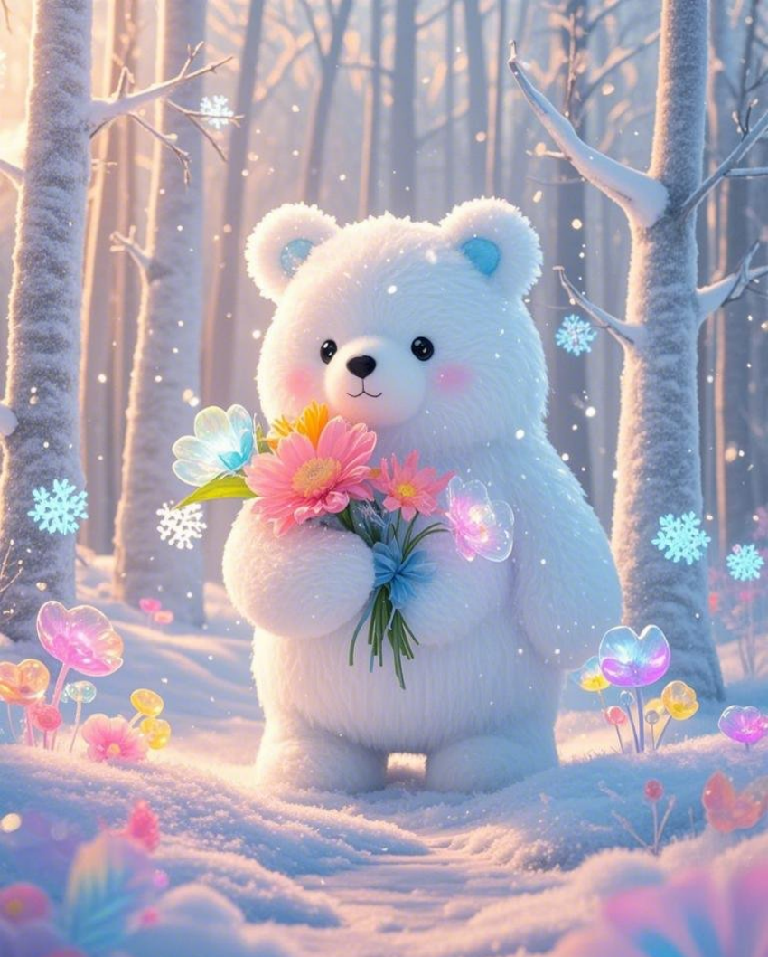 一只半透明的白熊拿着一朵花在闻雪地背素材