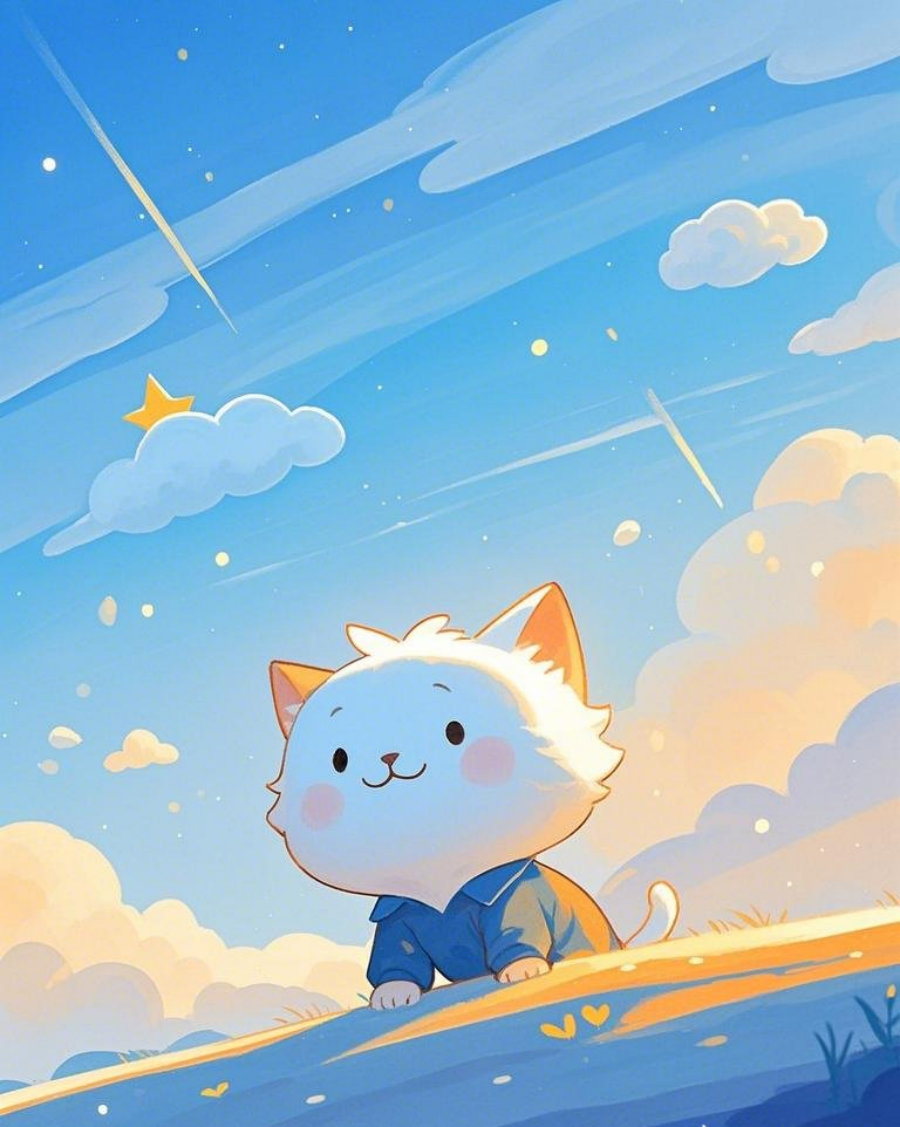 可爱的白发猫耳小男孩仰望天空简笔画素材
