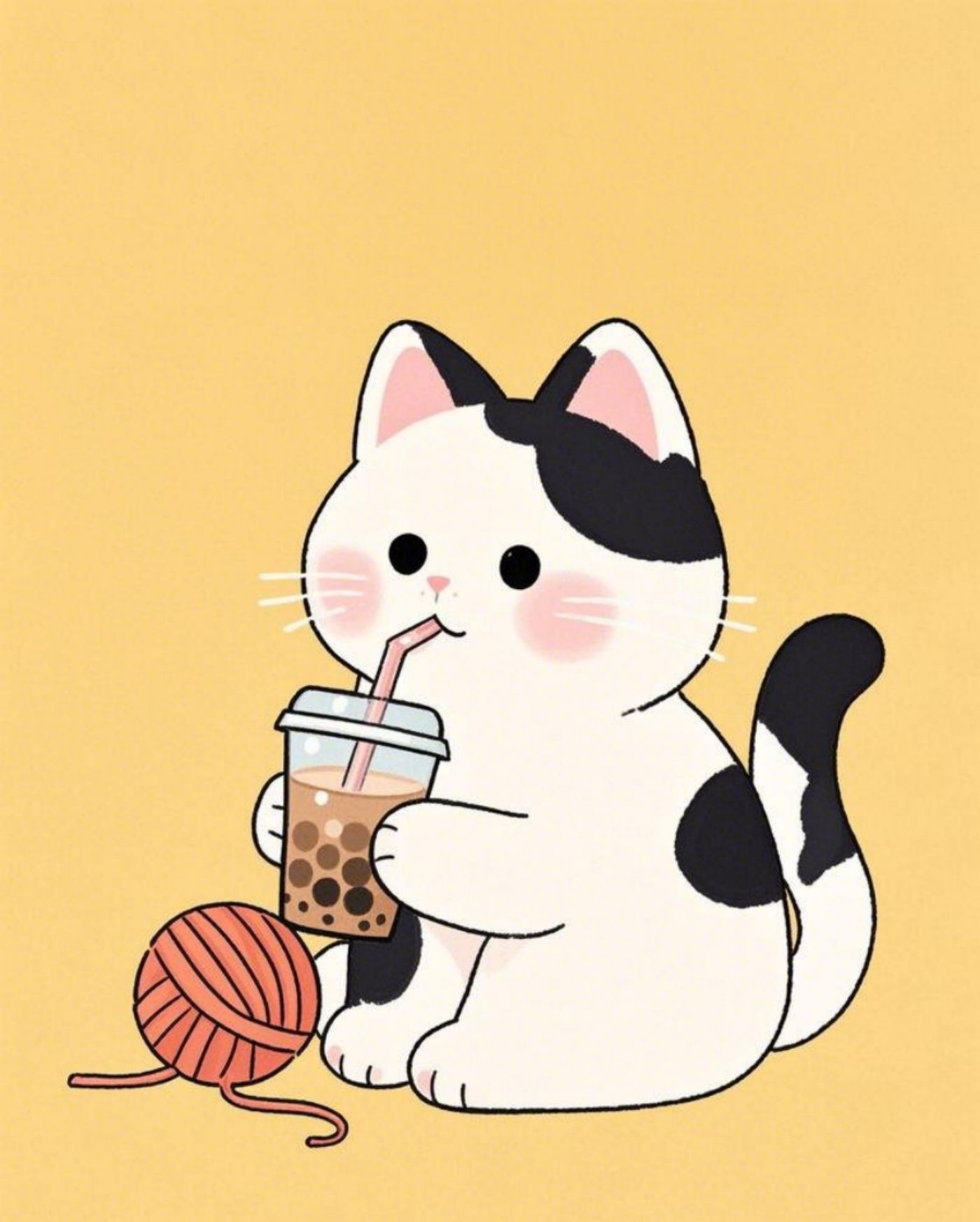中间一个卡通Q版的小猫坐着在喝奶茶简笔素材