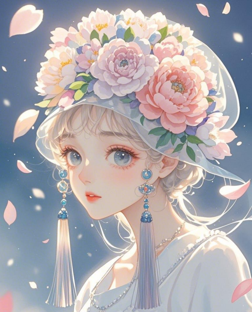 水彩插画一位花朵姑娘高清高质量头素材
