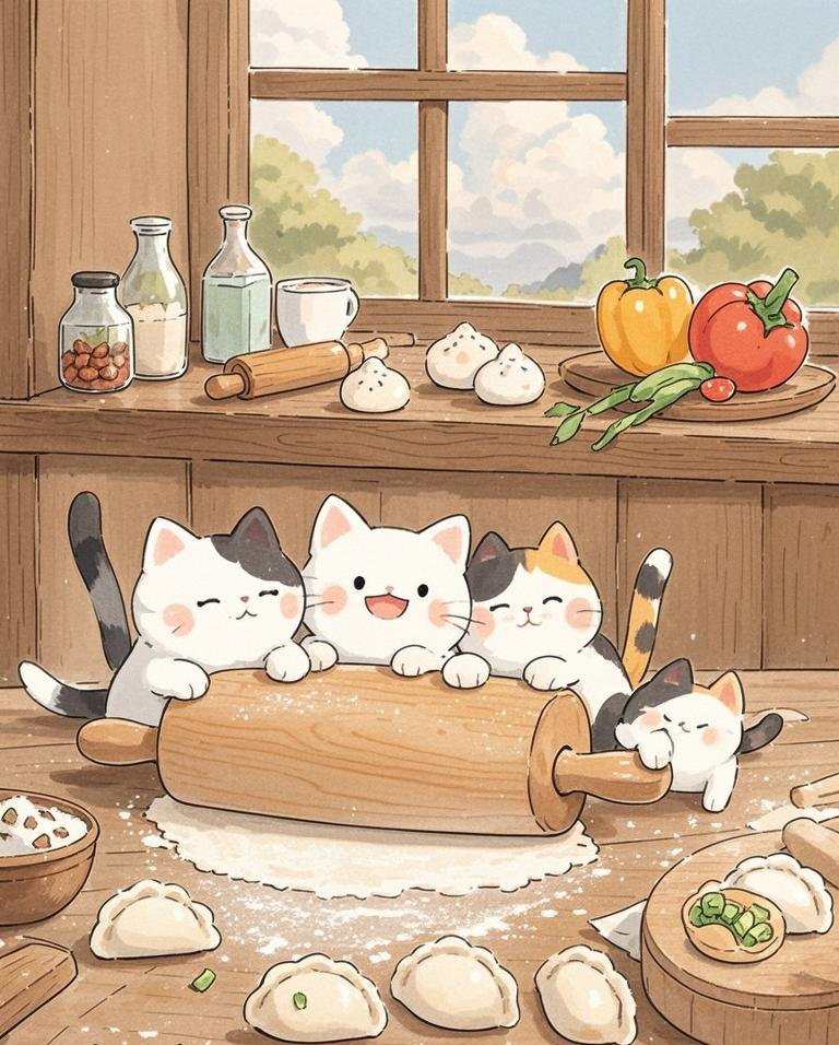 一排小猫整齐的趴在擀面杖上擀面面粉素材
