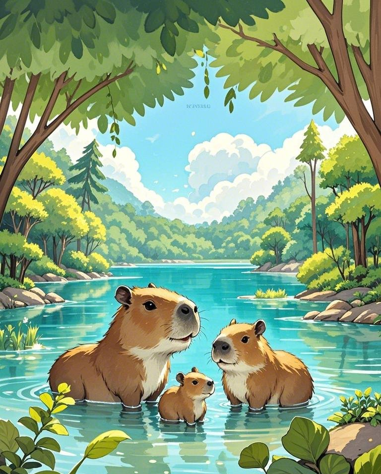 可爱的卡皮巴拉水豚一家清澈湖水森林素材