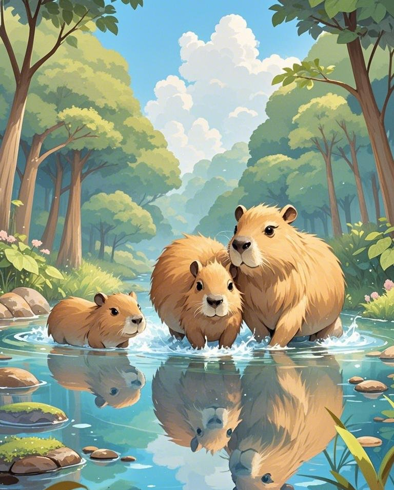 可爱的卡皮巴拉水豚一家清澈湖水森林素材