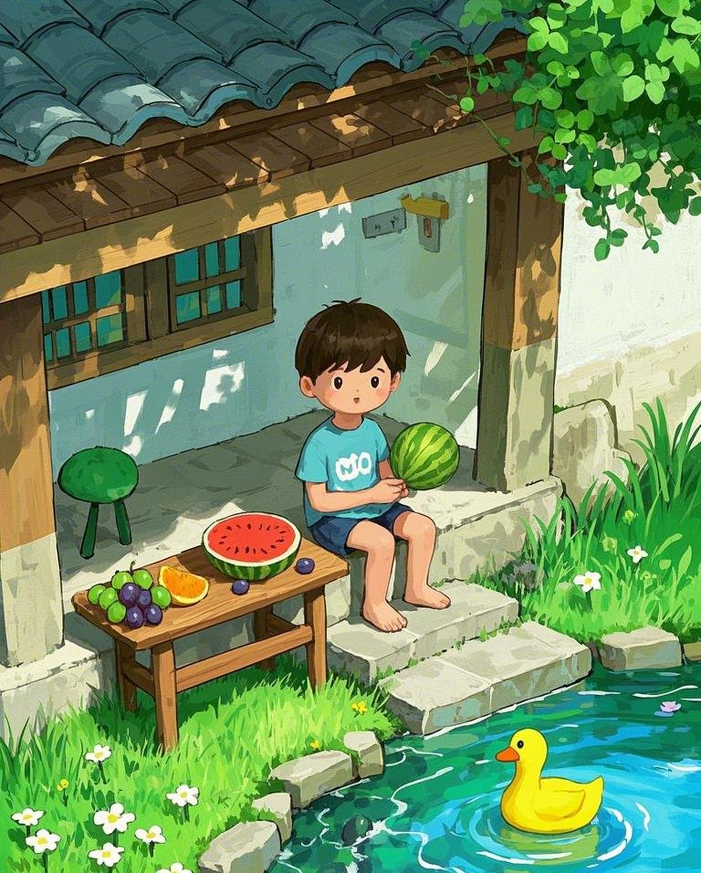 炎热夏日屋檐下的清爽小男孩素材