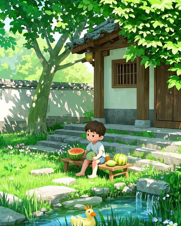 炎热夏日屋檐下的清爽小男孩素材