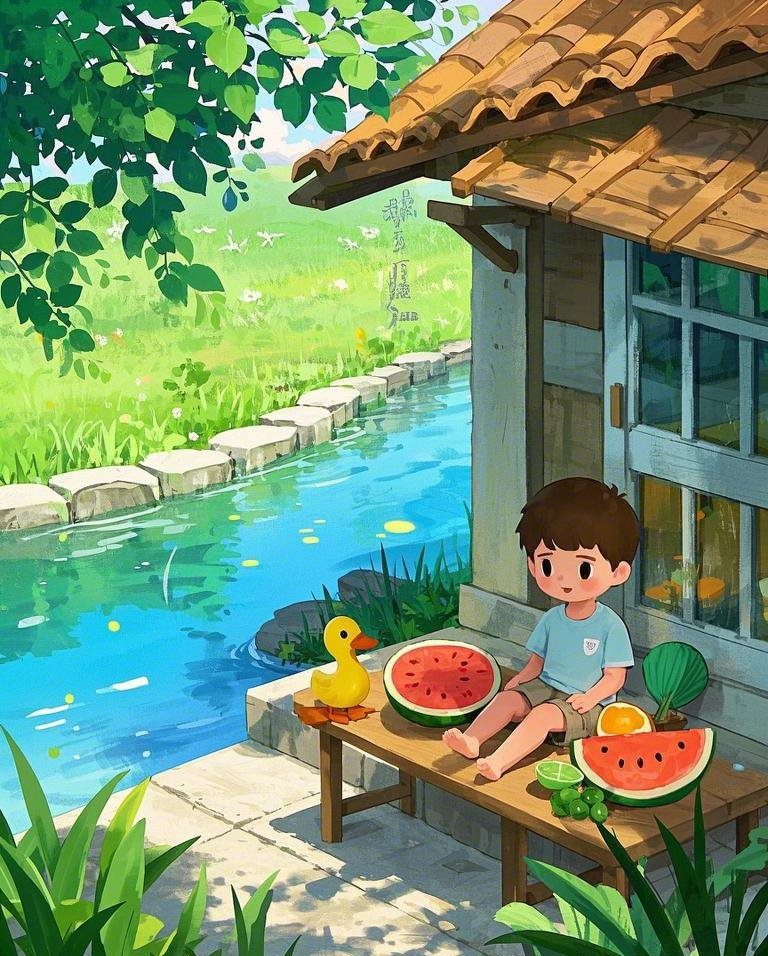 炎热夏日屋檐下的清爽小男孩西瓜素材