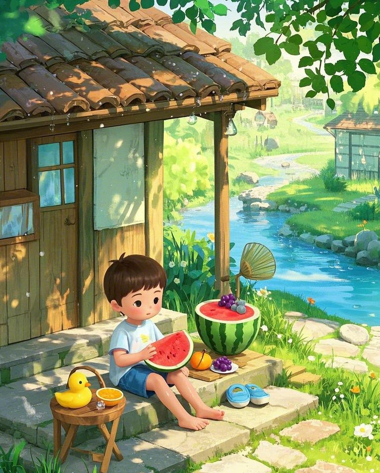炎热夏日屋檐下的清爽小男孩西瓜素材