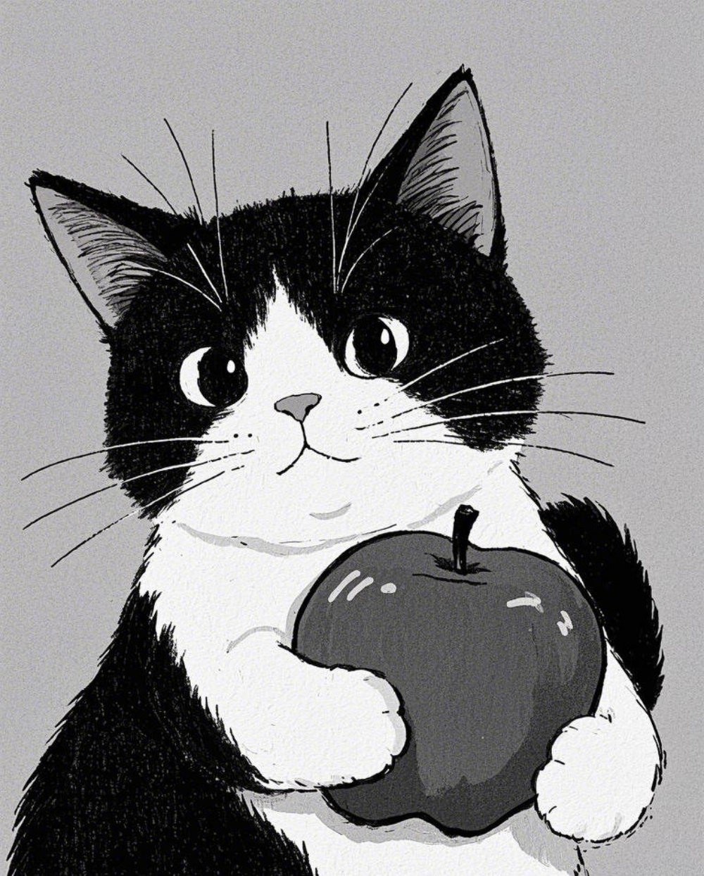 黑白相间的小猫抱着苹果卡通风格宫崎骏素材