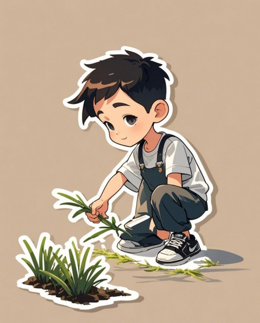 Q版现代漫画风格小男孩在拔草的样子极素材