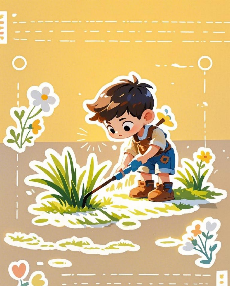 Q版现代漫画风格小男孩在拔草的样子极素材
