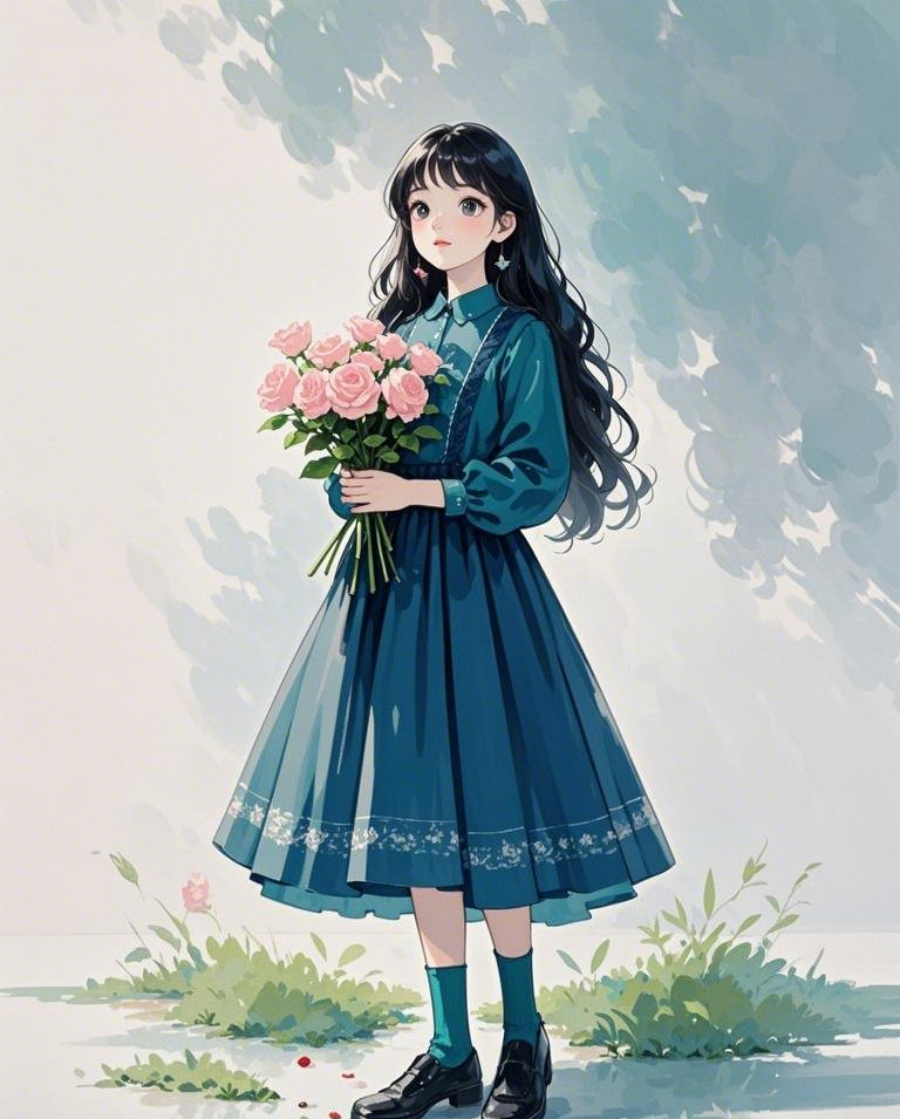 身穿墨蓝色棉麻长裙女孩有零散碎发站在素材